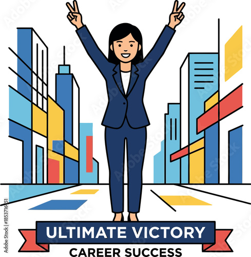 Celebration of success with a confident woman in a cityscape backdrop embodying achievement and positivity with a victorious gesture and empowering