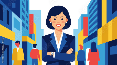 Confident professional woman in business attire standing among city skyscrapers with a transparent background showcasing urban environment and