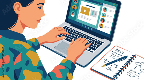 Digital Content Creator Engaged in Online Video Production and Communication with Creative Workspace Background