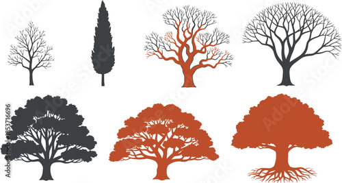 Set of 8 Tree Silhouettes in Black & Orange – Nature Design for Logos, Landscapes & Environmental Art