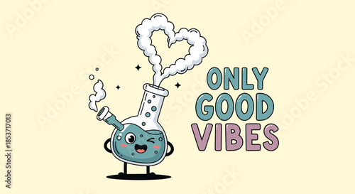 Cute and funny cartoon bong character winking and blowing a heart-shaped puff of smoke, with the phrase 'Only Good Vibes' nearby.