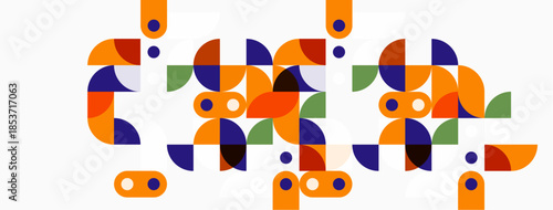 Abstract geometric shapes, circles, squares, orange, purple, green. Modern design, simple composition, flat illustration.