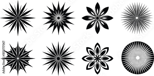 Radial geometric ornament, abstract mandala pattern, black and white symmetry, decorative starburst design, floral vector motif, circular art element