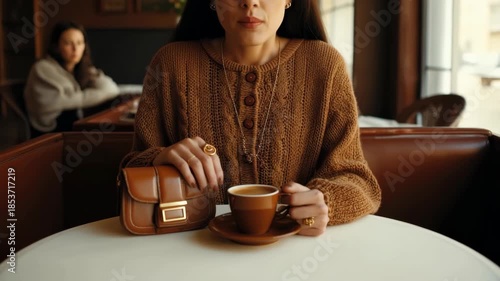 Enjoying coffee at a cafe with a friend while wearing a cozy sweater on a sunny day