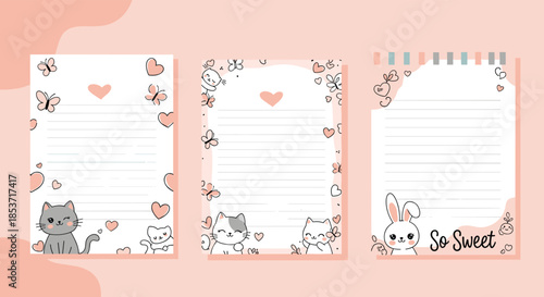 Set of three adorable pink-themed printable memo pads or note pages decorated with cute cats, a bunny, hearts, and butterflies.