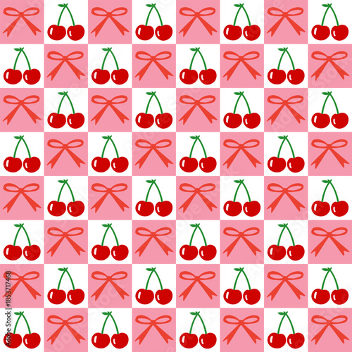 Seamless cherry and ribbon bow pattern on checkered pink background. Ideal for printing, baby clothes, wallpaper, packaging.