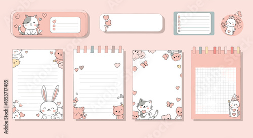 Cute kawaii-style stationery set for scrapbooking, including memo pads, sticky notes, and labels decorated with adorable cats and bunnies.