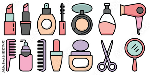 Set of beauty and makeup cosmetics tools and accessories including lipstick mascara perfume powder hairdryer comb and scissors on white background