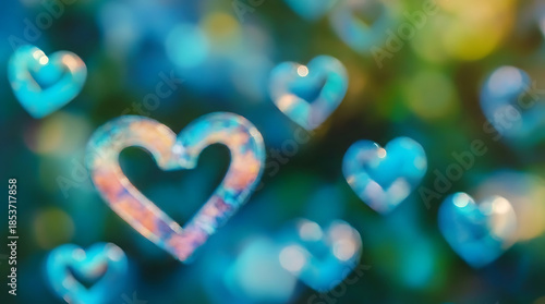 Dreamy Blue Heart Shaped Bokeh Background Aesthetic Abstract Glowing Effect for Valentine Romantic Night or Technology Love Themed Design and Wallpaper.