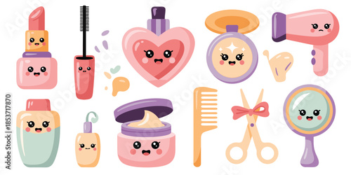 Set of cute kawaii makeup products and hair care accessories including lipstick mascara perfume heart bottle face powder hair dryer and mirror