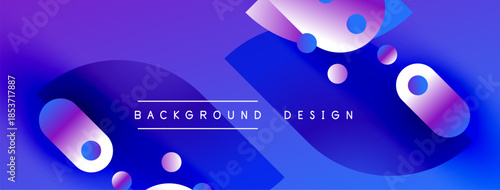 Abstract background features vibrant blue, purple gradients. Circular shapes overlap creating dynamic visual effect. Modern design element.