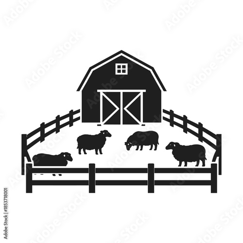 silhouette of sheep grazing near barn