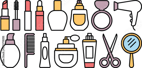 colorful collection of beauty products and accessories on a gray background vector art