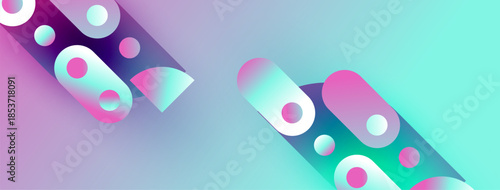 Abstract shapes, vibrant colors, diagonal lines create modern design. Soft gradients, playful composition, visually appealing background.