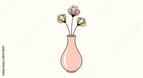 Simple and delicate hand-drawn illustration of three minimalist flowers with thin black stems in a smooth, pink vase on a light background.