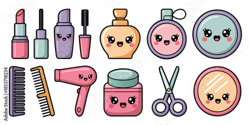 Adorable kawaii beauty and hair care vector collection featuring pink lipstick perfumes hair dryers and cosmetic mirrors with cute expressions