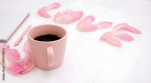 Creative LOVE Word Made of Pink Rose Petals with Coffee and Notebook Flat Lay, Romantic Minimalist Style for Valentine Day, Wedding Planning, Feminine Journaling and Love Themed Social Media.