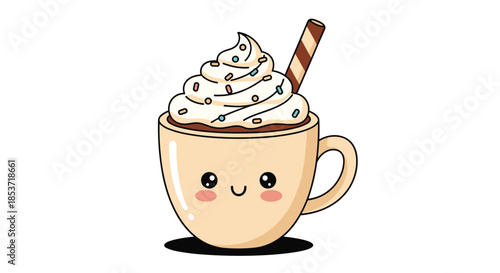 Cute kawaii-style mug of hot chocolate with a smiling face, topped with whipped cream, colorful sprinkles, and a wafer stick.