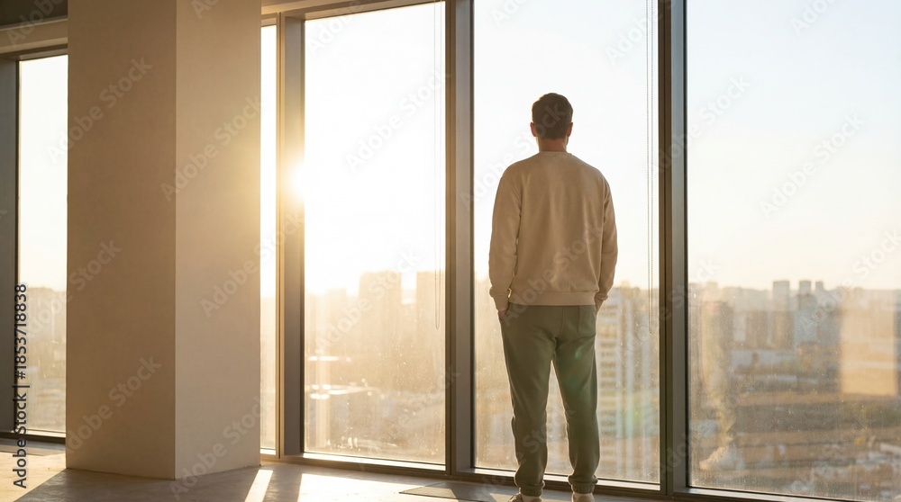 Fototapeta premium A lone figure standing in a modern interior, gazing out at a cityscape bathed in morning light