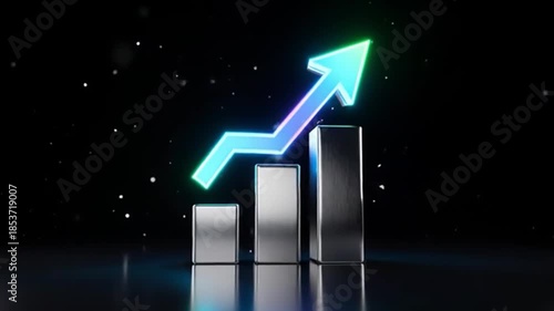 3D Rendered Bar Chart with Glowing Upward Arrow: Financial Growth, Success, and Stock Market Prosperity Concept Video Representing Business Progress, Economic Recovery, and Rising Profit Margins.