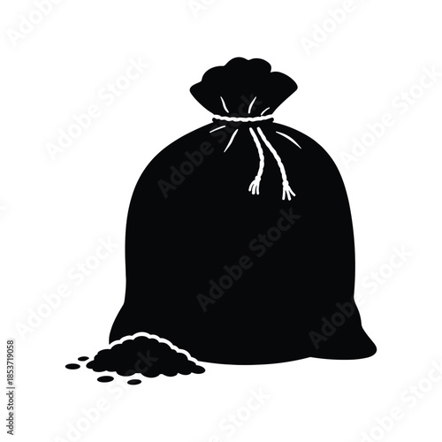 Black silhouette of tied sack with spilled contents