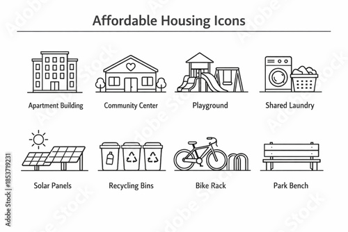 A collection of simple flat icons representing affordable housing concepts