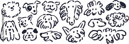 Dogs chalk scribbles set in whimsical sketchy style. Charcoal sketch drawings of funny puppy heads. Cute canine animals, outline hand-drawn line art doodles. Creative handdrawn vector illustrations