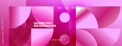 Abstract pink design features geometric shapes, gradients, text elements. Navigation links present at top. Modern, vibrant aesthetic.