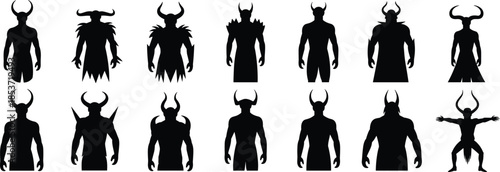 Horned humanoid silhouettes collection, fantasy character concept vector, dark mythological creature design, demon warrior artwork, creative game illustration for stock