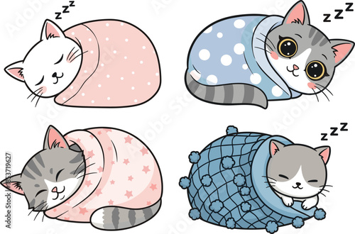 Sleeping cartoon cats in cozy blankets, peaceful pet illustration, cute feline character vector, bedtime animal design, relaxing nap-themed artwork for stock