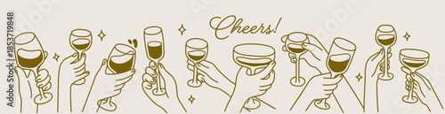 Cheers, celebration banner design with hands holding wineglasses raised up. Festive greeting with drinks, celebrating holiday with alcohol in wine glasses. Line art panoramic flat vector illustration