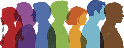 Row of Overlapping Colorful Human Profile Silhouettes Representing Diversity and Community