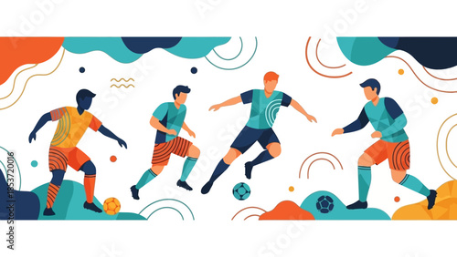 Vibrant illustration of male soccer players actively playing on a dynamic abstract field