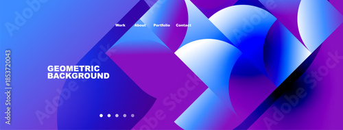 Abstract geometric background. Vibrant purple, blue gradients create dynamic visual effect. Navigation menu present, dots indicate sections.