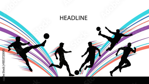 Dynamic football player silhouettes in energetic action with vibrant abstract lines, ideal for sports design.