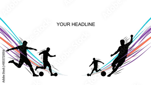 Dynamic illustration of soccer players in action on an abstract field, showing movement and competition