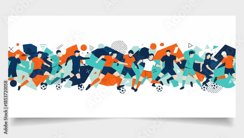 Dynamic Soccer Players in Action, Modern Vector Illustration with Vibrant Geometric Background