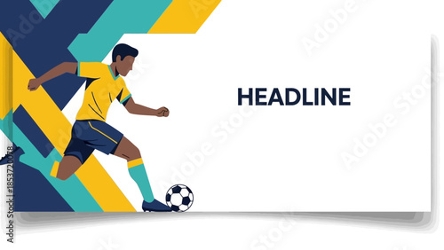 Dynamic vector illustration of a male athlete playing soccer, dribbling the ball.