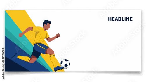 Dynamic illustration of a male soccer player kicking a ball with colorful abstract background.