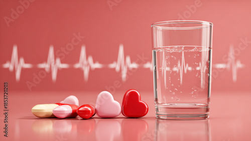 Treatment Pills, Water Glass and Heartbeat on Pink Healthcare Background made with generative AI