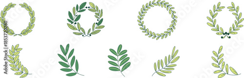 Laurel wreaths and branches collection, botanical vector design elements, green leaf decoration artwork, nature-inspired symbols of honor, award, and achievement