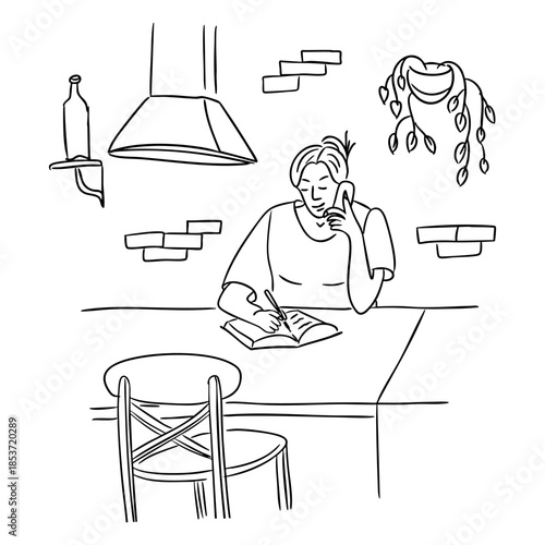 Minimal line art illustration of woman working at home writing notes and talking on phone at kitchen table. Image represents remote work concept and modern freelance lifestyle