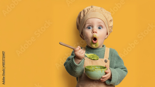 Surprised baby in chef outfit holding bowl of green food with messy face against yellow background