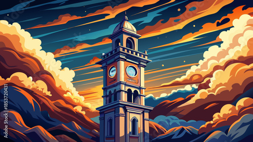 Very beautiful isolated view of a clock tower rising into a dramatic cloudy sky, emphasizing vertical structure, architectural detail, and timeless character against moody atmospheric conditions.