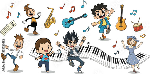Cartoon characters dancing with musical instruments, joyful music celebration vector, colorful party scene illustration, fun entertainment artwork for creative stock content