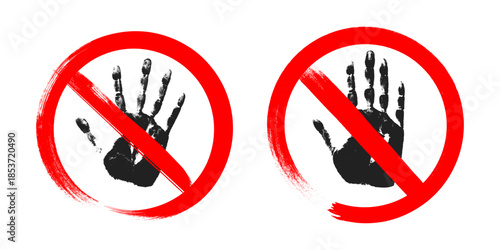 Prohibition hand sign in striking red warns against unauthorized entry set. Clear stop symbol communicates danger, restricted access, and forbidden touch zones effectively.