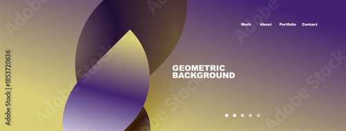 Abstract geometric shapes, purple hues, yellow gradient. Minimalist design with navigation links present. Modern aesthetic.