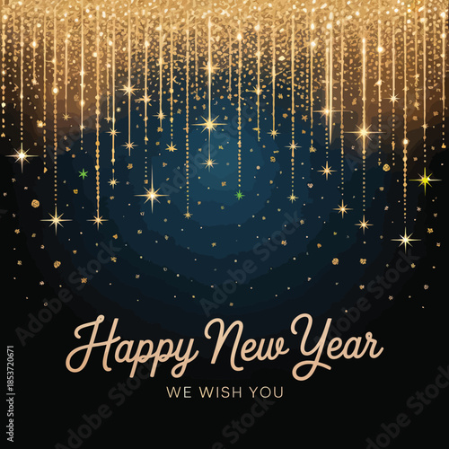 Vector New Year greeting card with golden sparkles, cascading lights, and festive message on dark gradient background.