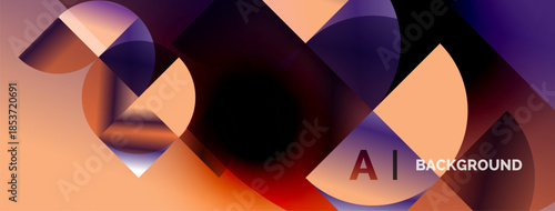 Abstract shapes blend, creating warm orange, purple gradients. Modern design suggests technology, innovation, digital art.
