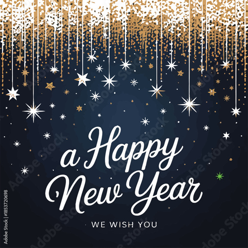 Vector New Year greeting card with cascading golden sparkles, stars, and festive message on dark blue background.